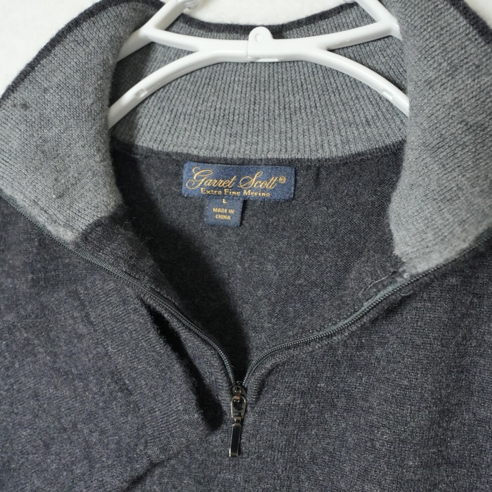 Garrett Scott Sweater Large Gray 1/4 Zip Extra Fine Merino Wool Pullover‎ Men's